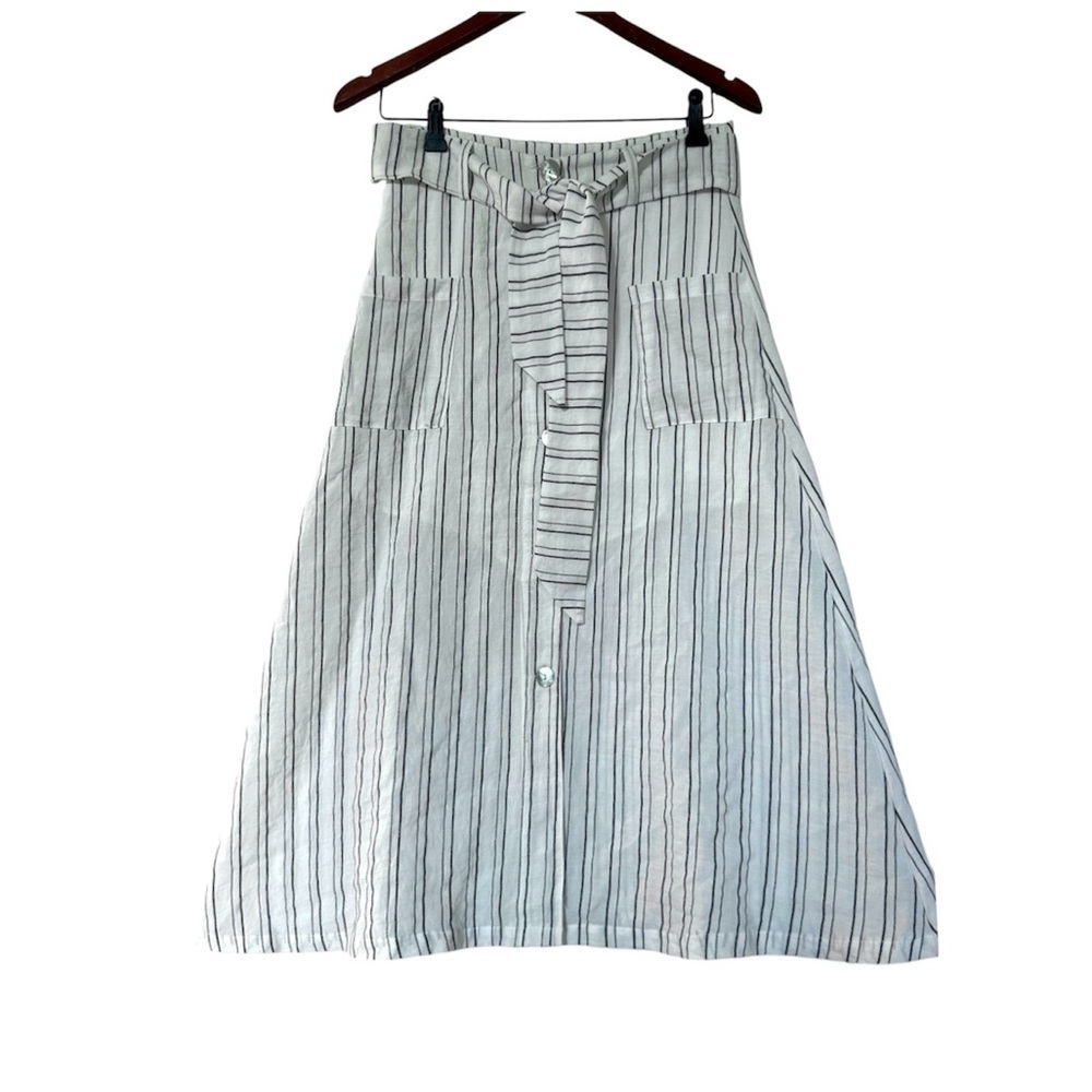 Crescent striped midi skirt button belted pocket